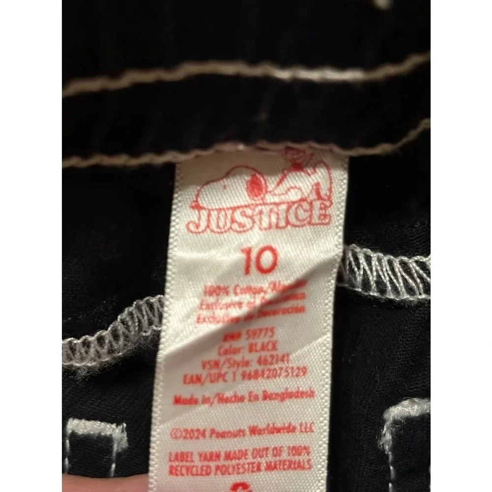 Justice Peanuts Snoopy Black Cargo Pants Contrast Stitch Girls Size 10 Wide Leg